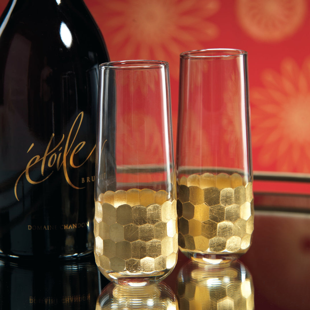 Fez Cut Stemless Gold Champagne Flute S/2