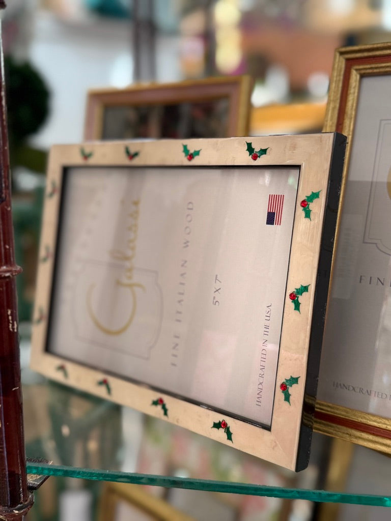 White Burl Frame w/ Green Holly &amp; Berries