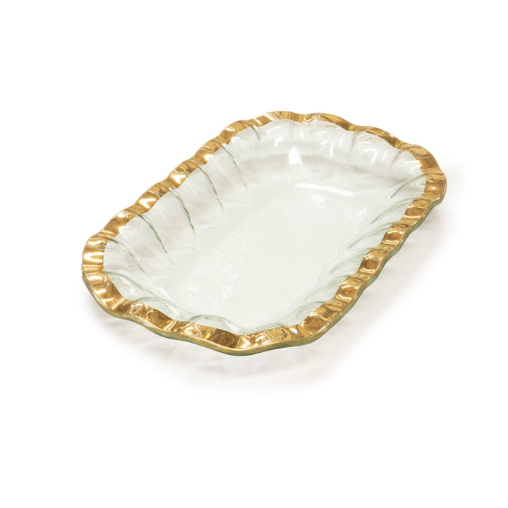 Ruffle rectangular bowl on clear glass with a 24k gold rim.