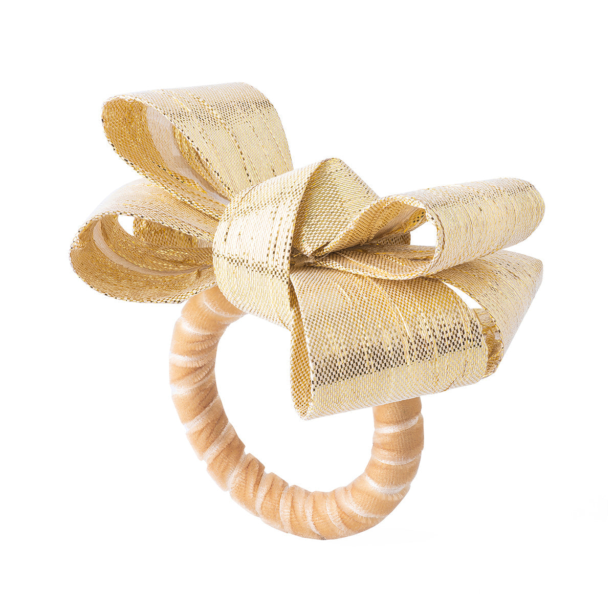 Our new gleaming gold tuxedo-inspired napkin ring is designed to make a statement in your decor. Handsewn with rings wrapped in soft velvet ribbon, these golden bows will festoon any table with a festively elegant flair.