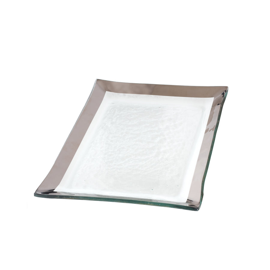 Small clear rectangular tray with a platinum band.