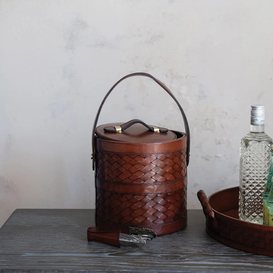 Leather Ice Bucket with Tongs